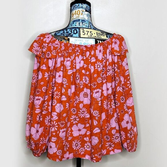 FREE PEOPLE Miss Daisy Floral Ruffle Top Off Shoulder Puff Sleeve Heat Wave Sz M - Picture 7 of 16